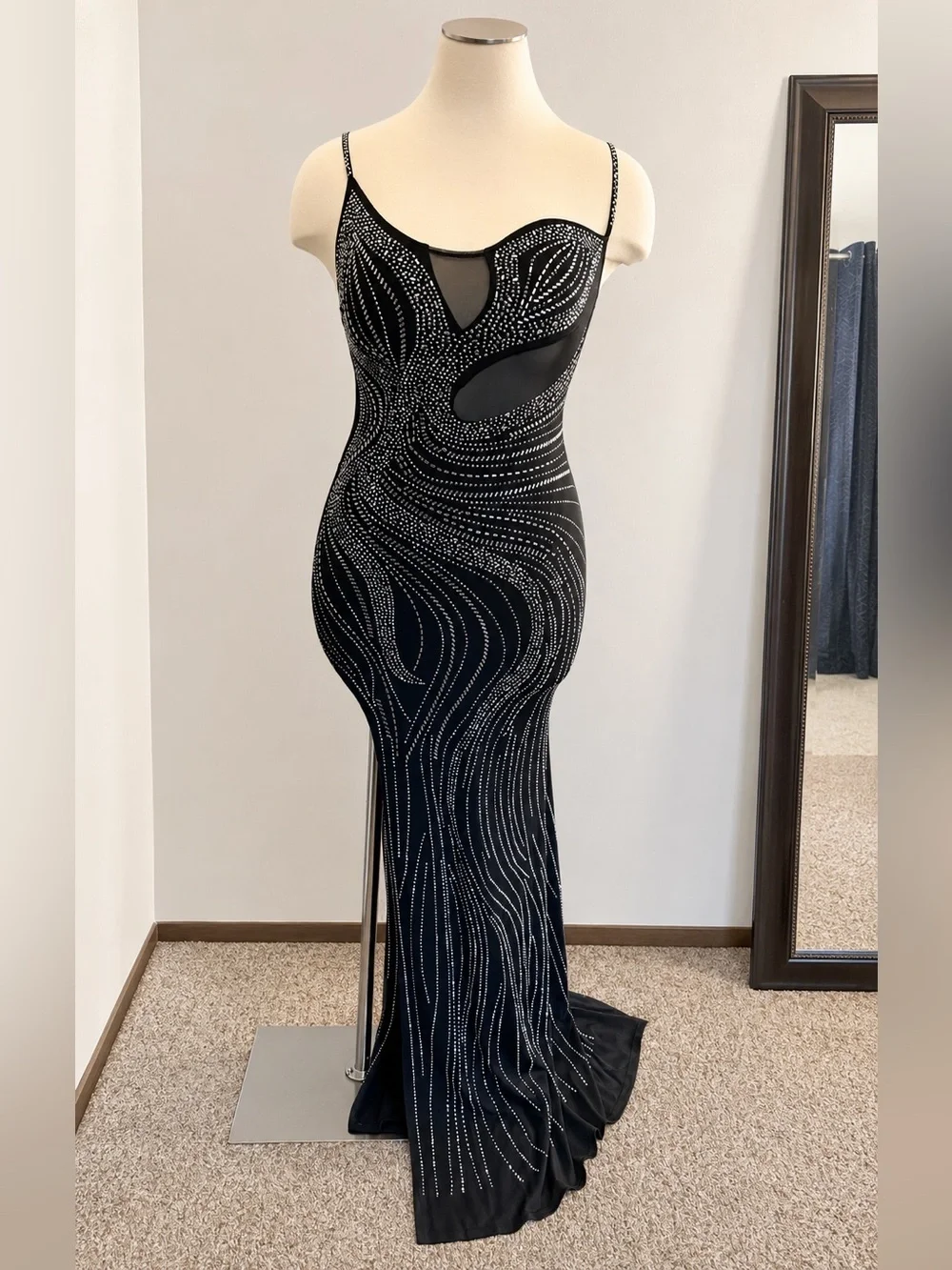 Black Embellished Mesh Panel Evening Gown
